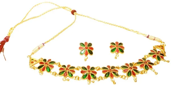 Assamese_Traditional_Gold_Plated_Red_Green_Colour_Golpata_Necklace_Set_For_Women